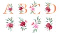 Floral alphabet set with watercolor flowers elements. Letters A, B, C, D with watercolor botanical composition. Flower bouquet