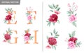 Floral alphabet set with watercolor flowers elements. Letters E, F, G, H with watercolor botanical composition. Flower bouquet