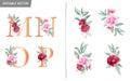 Floral alphabet set with watercolor flowers elements. Letters M, N, O, P with botanical arrangements composition. Flower bouquet Royalty Free Stock Photo