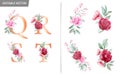 Floral alphabet set with watercolor flowers elements. Letters Q, R, S, T with botanical arrangements composition. Flower bouquet Royalty Free Stock Photo