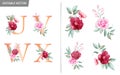 Floral alphabet set with watercolor flowers elements. Letters U, V, W, X with botanical arrangements composition. Flower bouquet Royalty Free Stock Photo