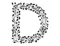 Floral alphabet. Vector isolated black and white Letter D decorated with elegant leaves, sketch style