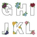 Floral alphabet vector isolated letters with flowers blossom illustration on white background. Royalty Free Stock Photo