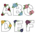 Floral alphabet vector isolated letters with flowers blossom illustration on white background. Royalty Free Stock Photo