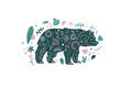 Floral animal bear emblem. Forest scandi animal illustration. Vector funky print with bear animal in simple minimal