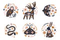 Floral animal emblems. Forest scandi fauna with flowers and leaves, folk compositions, forest creatures wildlife