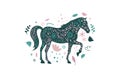 Floral animal horse emblem. Forest scandi animal illustration. Vector funky print with horse animal in simple minimal