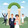 Floral arch with happy just married couples over landscape background