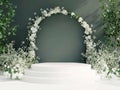 A floral archway with multiple layers of white flowers, supported by a wooden or metallic framework The base has three Royalty Free Stock Photo