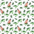 Floral aromatherapy seamless pattern. Colorful pattern with rosemary flowers and essential oil on a white background, drawing