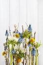 Floral arrangement with anemones and grape hyacinths blue musca