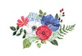 Watercolor floral arrangement with hand painted red, white and blue flowers, green leaves Royalty Free Stock Photo