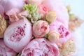 Floral arrangement of fresh pink peonies, astilba, rose and carnation. Content for invitation or postcard.