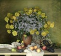 Floral arrangement of Golden orbs and daisies with apples , peaches , bunches of black grapes , pear and sunflower head on the