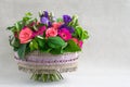 Floral arrangement on a handmade crochet frame Royalty Free Stock Photo