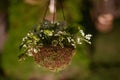 Floral arrangement hanging on a wedding decoration at night