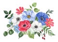 Floral arrangement illustration. Watercolor red, white, and blue flowers. 4th of July-themed design Royalty Free Stock Photo