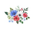 Watercolor floral bouquet with hand painted red, white and navy blue flowers and green leaves. Botanical illustration Royalty Free Stock Photo