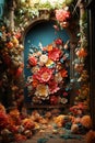 A floral arrangement made of artificial flowers adorn an arched doorway of a roofless shrine