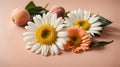 Floral arrangement - several chamomile and gerbera flowers on a peach background. Generative AI