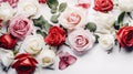 Floral arrangement, web banner with pink and red English roses, ranunculus, Generative AI Royalty Free Stock Photo