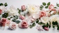 Floral arrangement, web banner with pink and red English roses, ranunculus, Generative AI Royalty Free Stock Photo