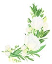 Floral arrangement with white spring flowers: tulips and freesias, watercolor painting.