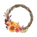 Floral autumn pumpkin wreath. Watercolor illustration. Hand drawn rustic festive round decor from pumpkins, leaf Royalty Free Stock Photo