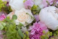 Floral backdrop, background. Flowers in bloom. White pink bouquet with peonies roses close-up Royalty Free Stock Photo