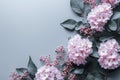 A floral backdrop featuring pastel pink hydrangeas and green leaves on the right side. Generative AI.