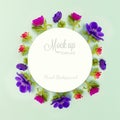 Floral background. Anemone flowers and round paper with copy space.