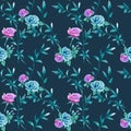 Floral background with blue, lilac roses flowers and twigs with leaves in hand drawn style on dark blue Royalty Free Stock Photo