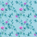 Floral background with blue, lilac roses flowers and twigs with leaves on light blue Royalty Free Stock Photo