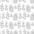 Cute floral seamless pattern with gray flat style branches and leaves on white background. Royalty Free Stock Photo