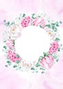 Floral background card. Wedding invitation template with circle wreath, white and pink peonies, eucalyptus, gypsophila Royalty Free Stock Photo