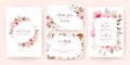 Floral background cards. Wedding invitation template set with brown flowers & gold leaves for save the date, greeting, poster, and