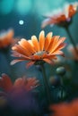 floral background, close up orange flower on blurred blue background, selective focus, bokeh Royalty Free Stock Photo