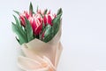 Floral background with copy space. Flowers in bloom. Close-up beautiful bouquet of tulips. Spring concept. Floral greeting card.