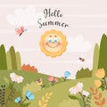 Floral background with cute smiling sun. Cartoon character glad of coming summer. Meadow, flowers, foliage, grass. Nature