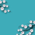 Floral background decorated blooming cherry flowers branch, bright blue backdrop for spring time season design. Banner, poster Royalty Free Stock Photo