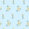 Floral background of delicate yellow flowers on blue. Vintage light seamless texture for cards, tiles, invitations, greetings and