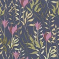 Floral background with ditch flowers and green leaves. Dark texture for fabric and tile