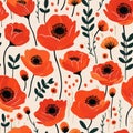 Colorful Hand-drawn Poppy Pattern With Folk Art-inspired Illustrations