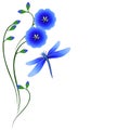 Floral background with flowers of blue flax and dragonfly.