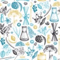 Floral background. Hand drawn Perfumery and cosmetics ingredients illustration. Aromatic and medicinal plant seamless pattern.