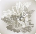 Floral background with hibiscus and butterflies, hand-drawing. V