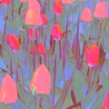 Abstract tulips pink violet orange with green leaves on light blue