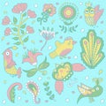 Floral background pattern. beautiful cute birds. Doodle.