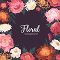 Floral background with place for text vector flat illustration. Square backdrop with blossom flowers. Elegant border