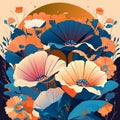 Floral background in retro style with flowers and sun. Vector illustration. Generative AI Royalty Free Stock Photo